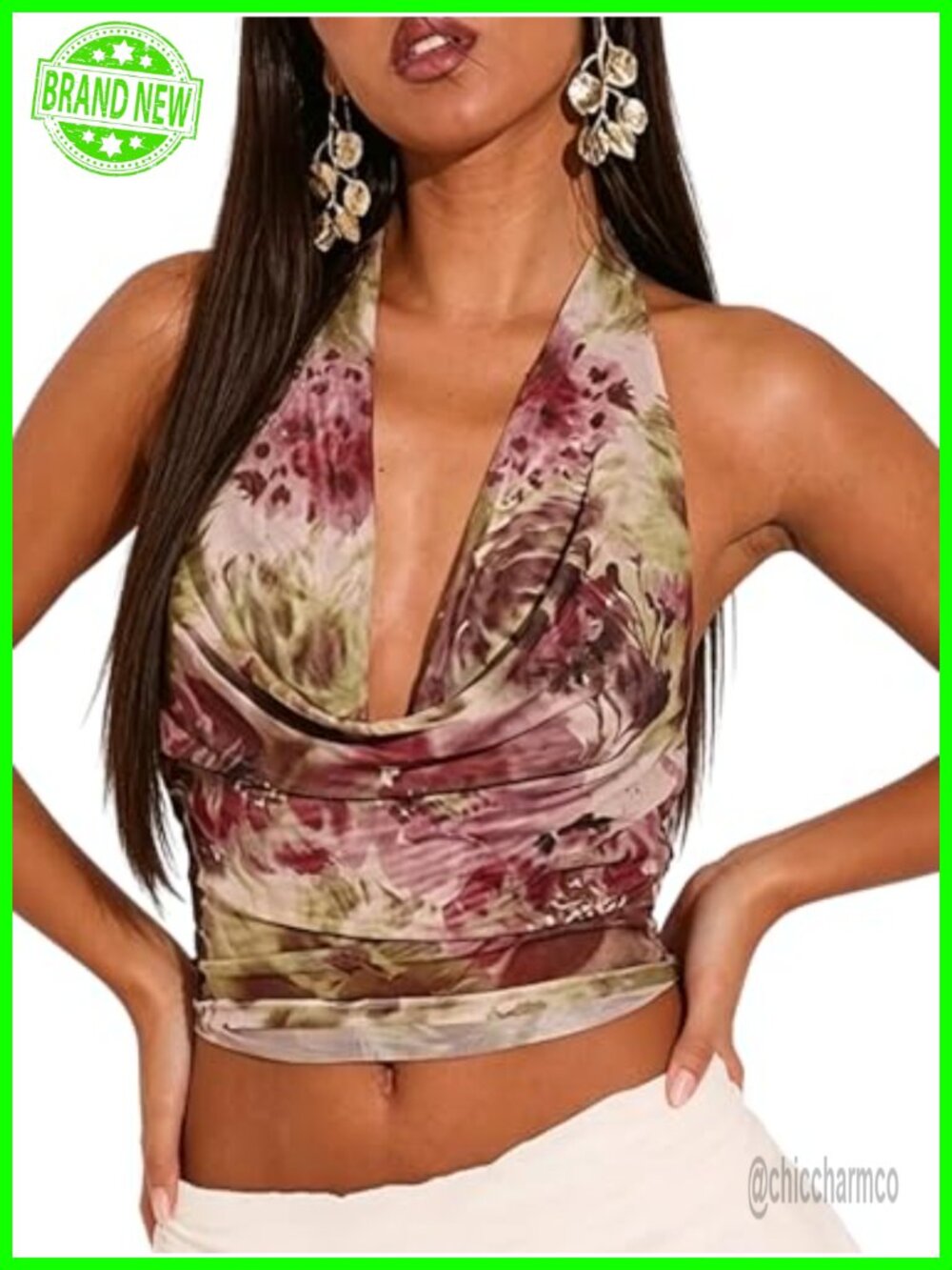 Cowl Neck Halter Crop Top Draped Sheer Mesh Summer Tank Top